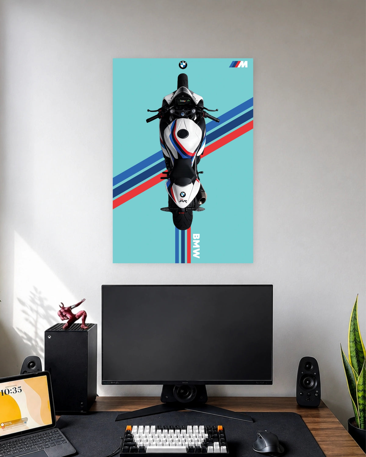 BMW S1000RR Motorcycle Poster wall poster displayed in a modern minimalist workspace setup 1