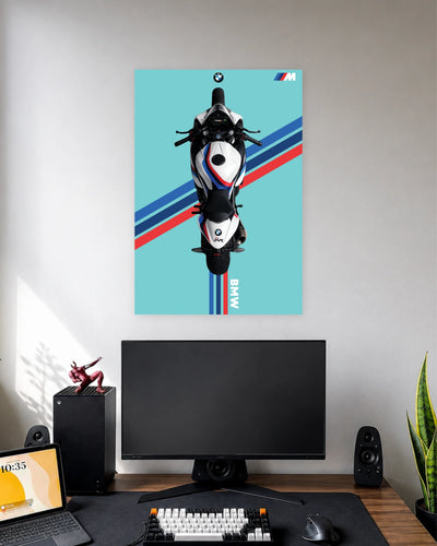 BMW S1000RR Motorcycle Poster wall poster displayed in a modern minimalist workspace setup 1