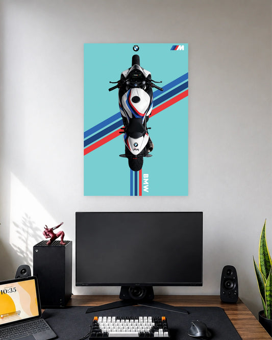 BMW S1000RR Motorcycle Poster wall poster displayed in a modern minimalist workspace setup 1