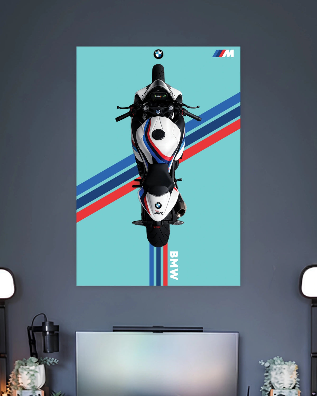 BMW S1000RR Motorcycle Poster wall poster displayed in a contemporary interior setting 2