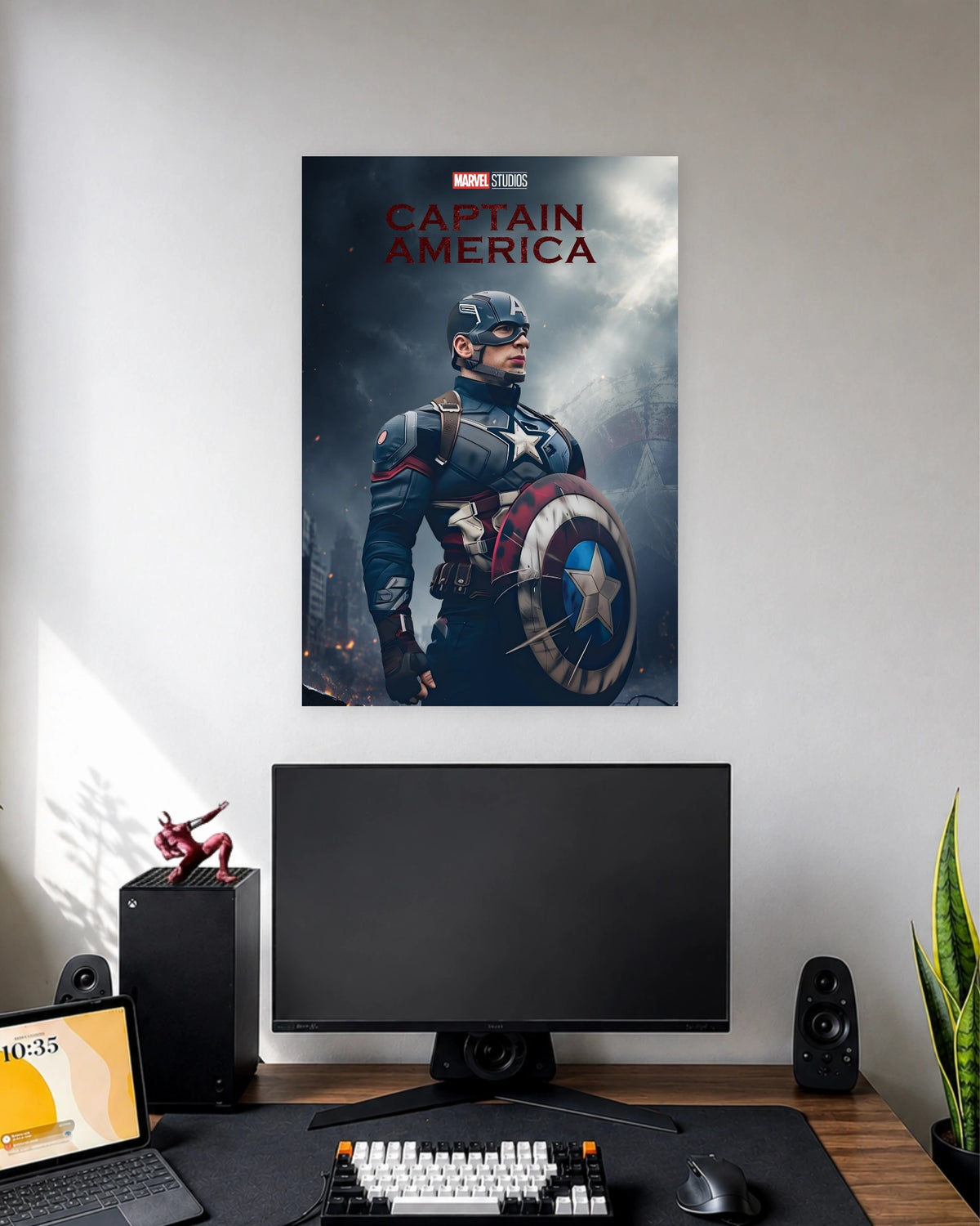 Captain America Heroic Shield Poster wall poster displayed in a modern minimalist workspace setup 1