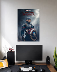 Captain America Heroic Shield Poster wall poster displayed in a modern minimalist workspace setup 1