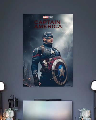 Captain America Heroic Shield Poster wall poster displayed in a contemporary interior setting 2