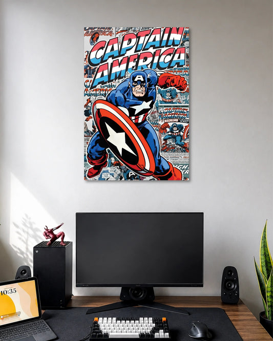 Captain America in a blue suit holding his red-white-and-blue shield against a collage of vintage Captain America comic panels.