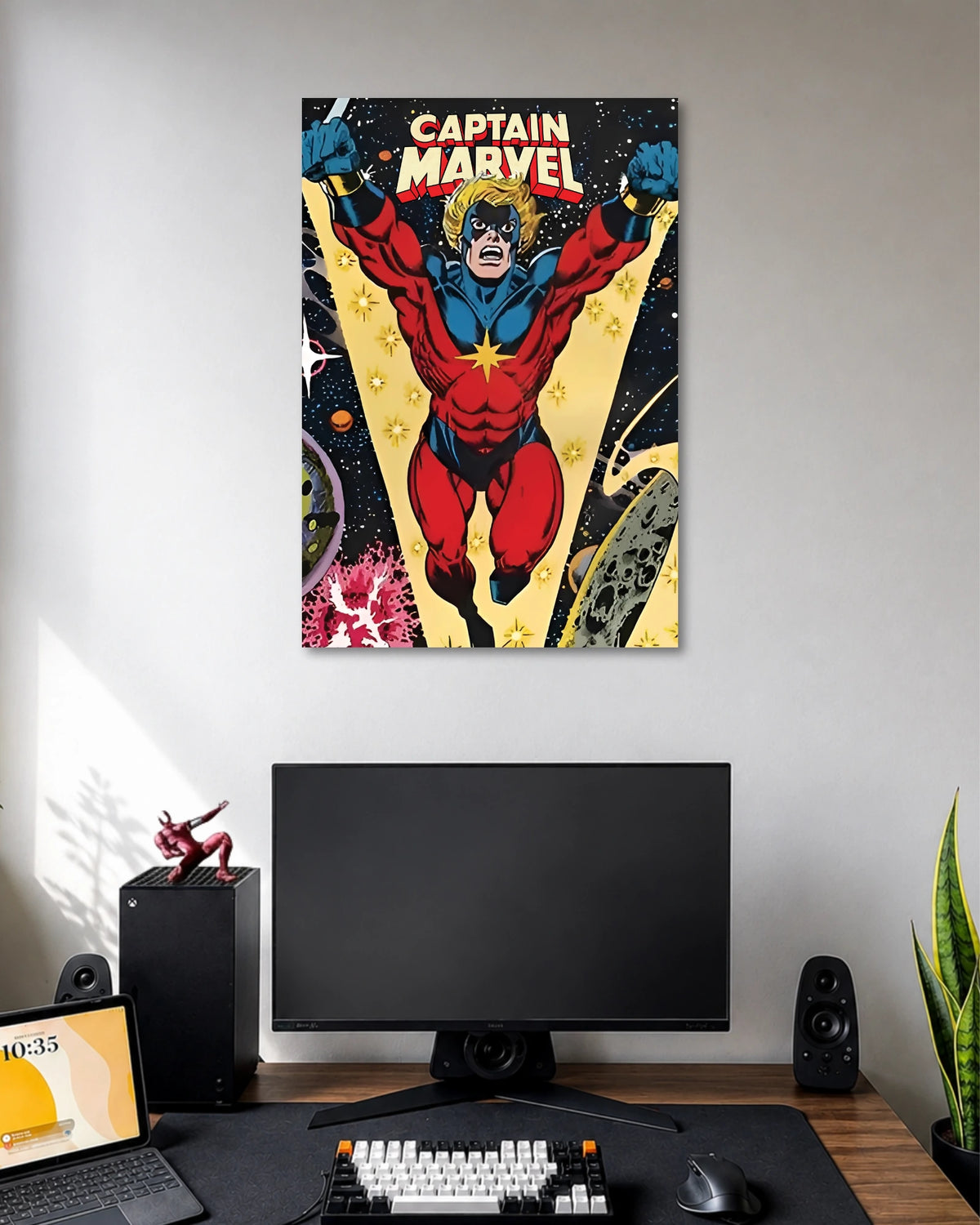 Retro comic illustration of Captain Marvel flying forward in a red-and-blue suit with yellow star emblem beneath CAPTAIN MARVEL text.