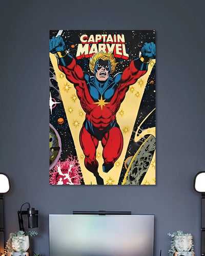 Retro comic illustration of Captain Marvel flying forward in a red-and-blue suit with yellow star emblem beneath CAPTAIN MARVEL text.
