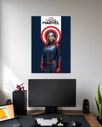 Captain Marvel Shield Emblem Poster wall poster displayed in a modern minimalist workspace setup 1