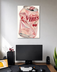 Cherry Vibes Aesthetic Poster poster design: A crushed pink soda can featuring cherries and bold Cherry Vibes typography. Its soft pink palette and glossy details make it a fun addition to an aesthetic room setup.