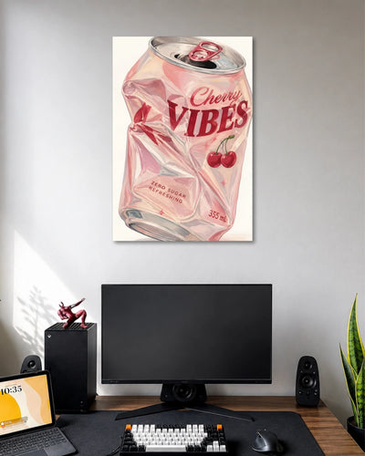 Cherry Vibes Aesthetic Poster poster design: A crushed pink soda can featuring cherries and bold Cherry Vibes typography. Its soft pink palette and glossy details make it a fun addition to an aesthetic room setup.