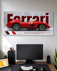 Three-panel poster featuring a classic open-top red Ferrari race car in side profile, bold burgundy Ferrari lettering and small V12 Power text.