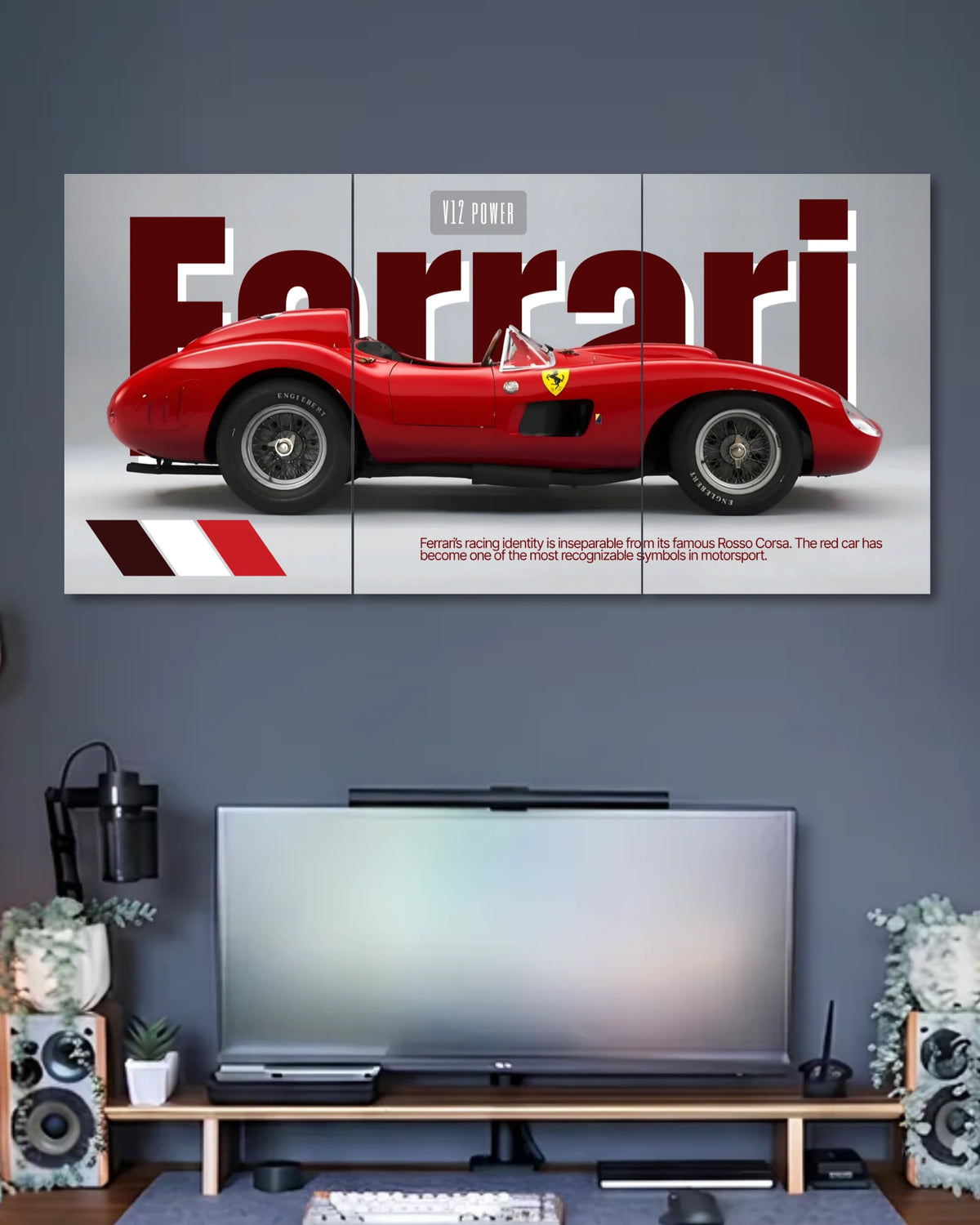 Three-panel poster featuring a classic open-top red Ferrari race car in side profile, bold burgundy Ferrari lettering and small V12 Power text.