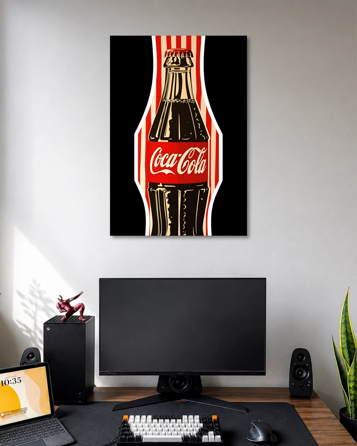Coca-Cola Vintage Bottle Retro Poster poster design: A retro-style Coca-Cola poster featuring the iconic glass bottle against a bold black background with red and cream stripes. Its classic branding and vintage-inspired illustration make it a striking addition to gaming rooms, kitchens and personal spaces.