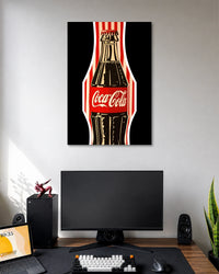 Coca-Cola Vintage Bottle Retro Poster poster design: A retro-style Coca-Cola poster featuring the iconic glass bottle against a bold black background with red and cream stripes. Its classic branding and vintage-inspired illustration make it a striking addition to gaming rooms, kitchens and personal spaces.