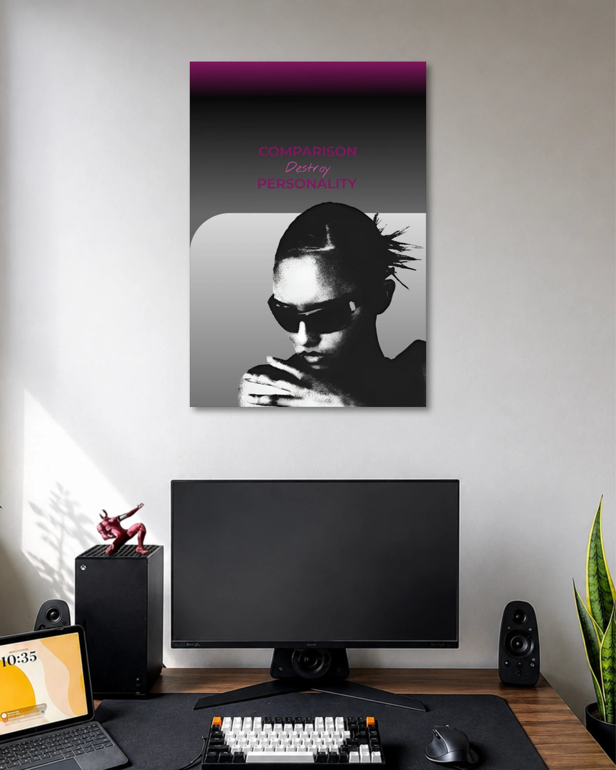 Purple-to-gray gradient poster showing a monochrome person in sunglasses beneath Comparison Destroys Personality lettering.