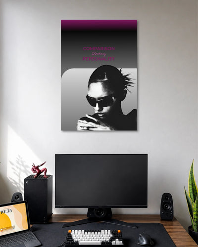 Purple-to-gray gradient poster showing a monochrome person in sunglasses beneath Comparison Destroys Personality lettering.