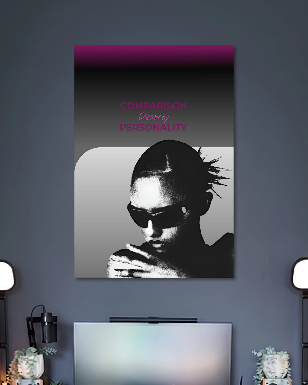 Purple-to-gray gradient poster showing a monochrome person in sunglasses beneath Comparison Destroys Personality lettering.