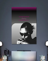 Purple-to-gray gradient poster showing a monochrome person in sunglasses beneath Comparison Destroys Personality lettering.