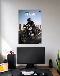 Royal Enfield Continental GT 650 Rider Poster wall poster displayed in a modern minimalist workspace setup 1