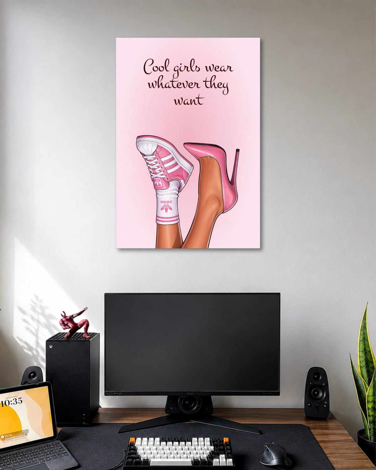 Blush-pink poster with crossed illustrated legs in pink sneakers and high heels beneath Cool girls wear whatever they want text.