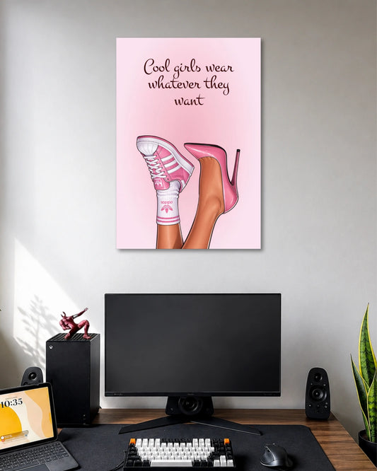 Blush-pink poster with crossed illustrated legs in pink sneakers and high heels beneath Cool girls wear whatever they want text.
