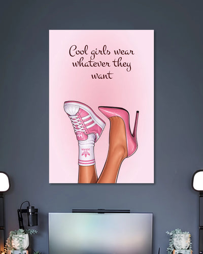 Blush-pink poster with crossed illustrated legs in pink sneakers and high heels beneath Cool girls wear whatever they want text.