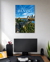 Da Nang Golden Bridge Poster poster design: Bring the iconic Golden Bridge of Da Nang into your space with this Vietnam travel poster. Giant stone hands support the golden walkway above lush green hills beneath a vivid blue sky. A great pick for travel lovers and modern room decor.