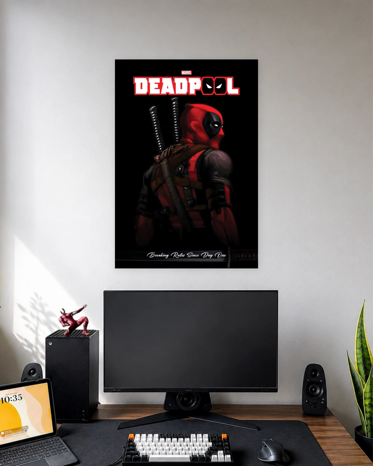 Deadpool Marvel Superhero Poster wall poster displayed in a modern minimalist workspace setup 1