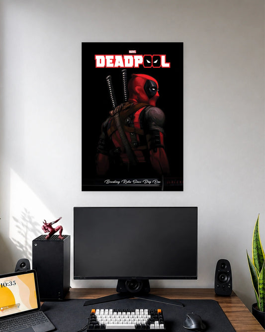 Deadpool Marvel Superhero Poster wall poster displayed in a modern minimalist workspace setup 1