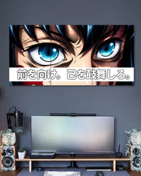 Three-piece Demon Slayer anime poster featuring a close-up of intense cyan-blue eyes beneath dark hair, with bold Japanese motivational text across a white horizontal band.