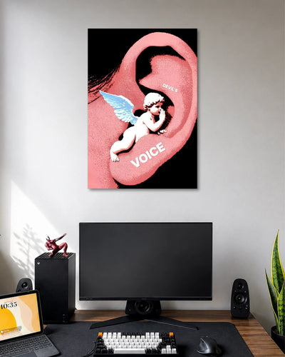 Devil's Voice Dark Humour Poster poster design: An oversized pink ear dominates the composition as a small winged cherub whispers into it. The words “Devil's Voice” appear on the ear, combining surreal imagery, pink halftone textures and black negative space in an ironic pop art design.
