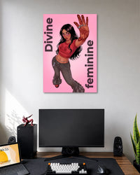 Pink illustrated poster of a long-haired woman raising a henna-patterned palm with vertical DIVINE FEMININE lettering.