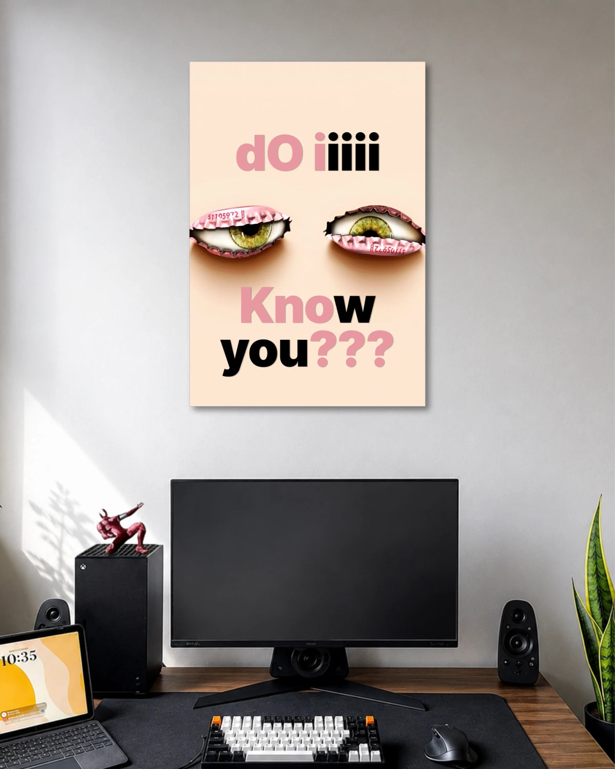 Do I Know You Surreal Eyes Poster poster design: Surreal eyes emerge from pink, crumpled-looking eyelids beneath the words “Do I Know You???” A soft peach background meets contrasting pink and black typography, creating an unusual composition with a quirky, slightly unsettling pop-art aesthetic.