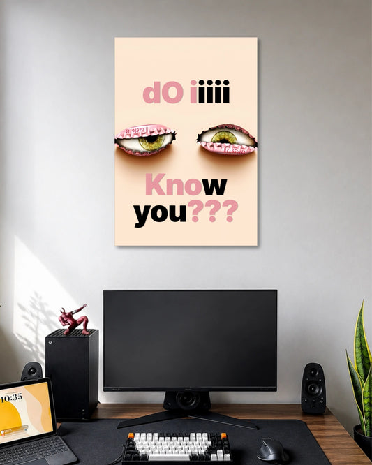 Do I Know You Surreal Eyes Poster poster design: Surreal eyes emerge from pink, crumpled-looking eyelids beneath the words “Do I Know You???” A soft peach background meets contrasting pink and black typography, creating an unusual composition with a quirky, slightly unsettling pop-art aesthetic.