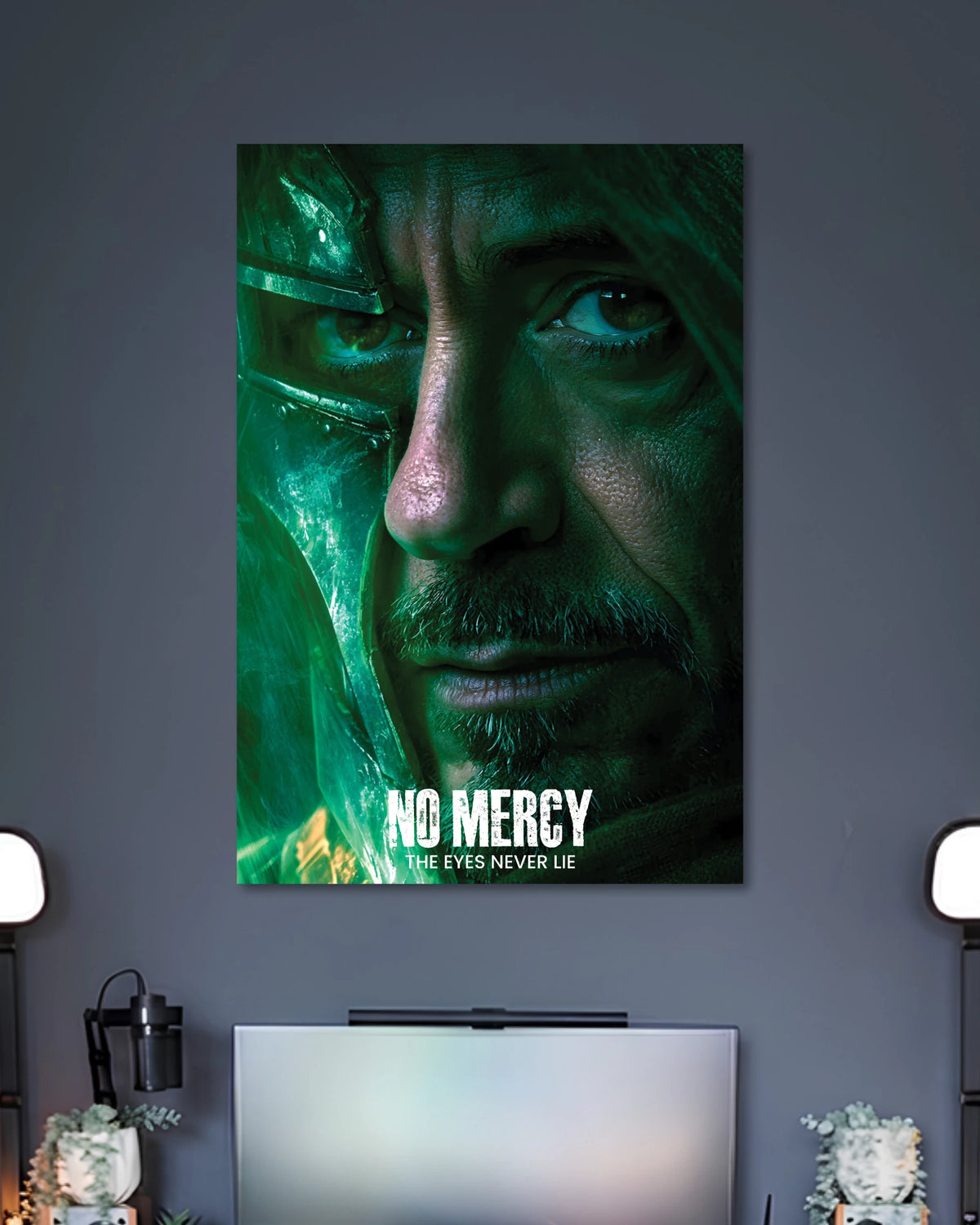 Doctor Doom Avengers Doomsday Poster poster design: Bring Marvel's iconic villain to your walls with this Doctor Doom poster inspired by Avengers: Doomsday. The close up portrait, metallic mask and dramatic green lighting create a dark cinematic look for Marvel fans and superhero themed spaces.