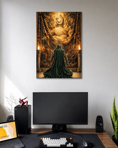 Doctor Doom Green Cloak Marvel Art Poster poster design: A mysterious figure in a flowing dark green cloak faces an ornate golden scene framed by dramatic architectural details. The rich colours and shadowy composition create a cinematic fantasy aesthetic for fans of dark, dramatic artwork.