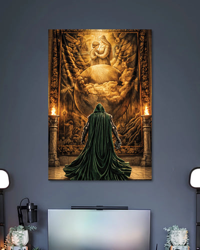 Doctor Doom Green Cloak Marvel Art Poster poster design: A mysterious figure in a flowing dark green cloak faces an ornate golden scene framed by dramatic architectural details. The rich colours and shadowy composition create a cinematic fantasy aesthetic for fans of dark, dramatic artwork.