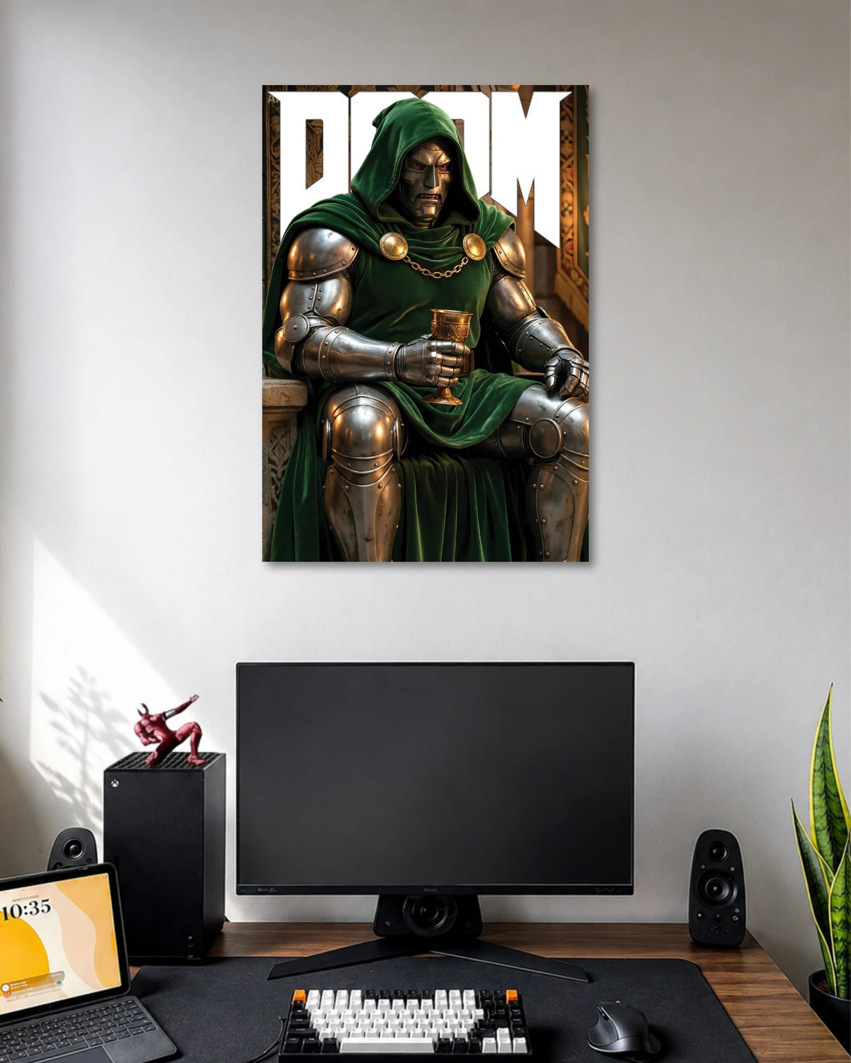 Doctor Doom Green Cloak Poster poster design: This Doctor Doom poster presents the masked character seated in metallic armour and a flowing green cloak, holding a golden goblet. Rich green tones, bronze details and an ornate setting create a dramatic look for Marvel fans and collectors.