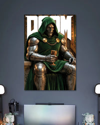 Doctor Doom Green Cloak Poster poster design: This Doctor Doom poster presents the masked character seated in metallic armour and a flowing green cloak, holding a golden goblet. Rich green tones, bronze details and an ornate setting create a dramatic look for Marvel fans and collectors.