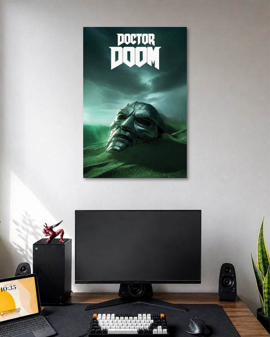 Doctor Doom Mask Poster poster design: Focus on the menacing metallic mask of Doctor Doom with this striking poster. Set against a moody green landscape and stormy sky, the design highlights the character’s distinctive armour and mysterious presence. A bold addition to any Marvel fan’s collection.