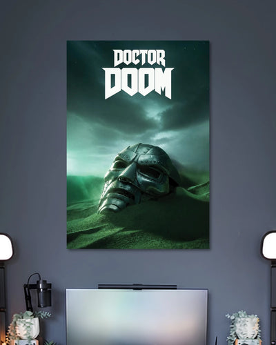 Doctor Doom Mask Poster poster design: Focus on the menacing metallic mask of Doctor Doom with this striking poster. Set against a moody green landscape and stormy sky, the design highlights the character’s distinctive armour and mysterious presence. A bold addition to any Marvel fan’s collection.