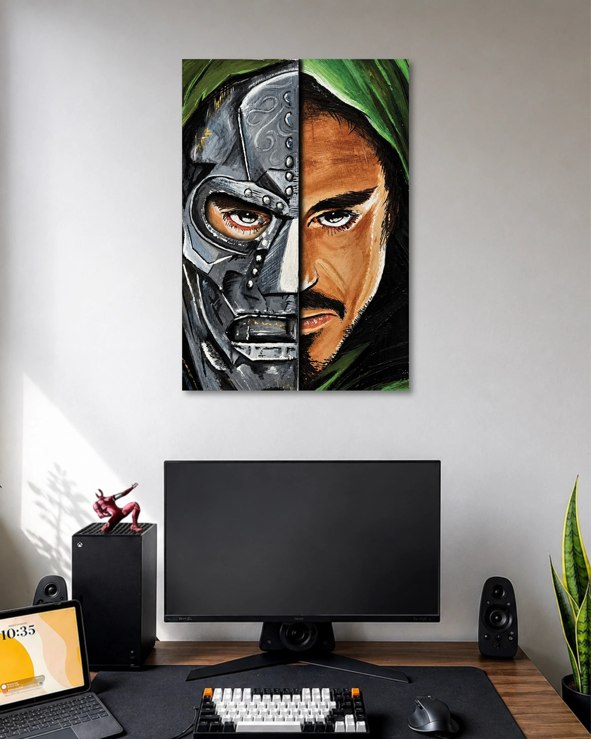 Doctor Doom Split Face Poster poster design: This striking poster divides a face between Doctor Doom’s metallic mask and his human side. Green hood details and expressive brushstrokes create a dramatic comic inspired look. A standout choice for Marvel fans, gaming rooms and character themed spaces.