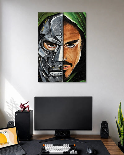 Doctor Doom Split Face Poster poster design: This striking poster divides a face between Doctor Doom’s metallic mask and his human side. Green hood details and expressive brushstrokes create a dramatic comic inspired look. A standout choice for Marvel fans, gaming rooms and character themed spaces.