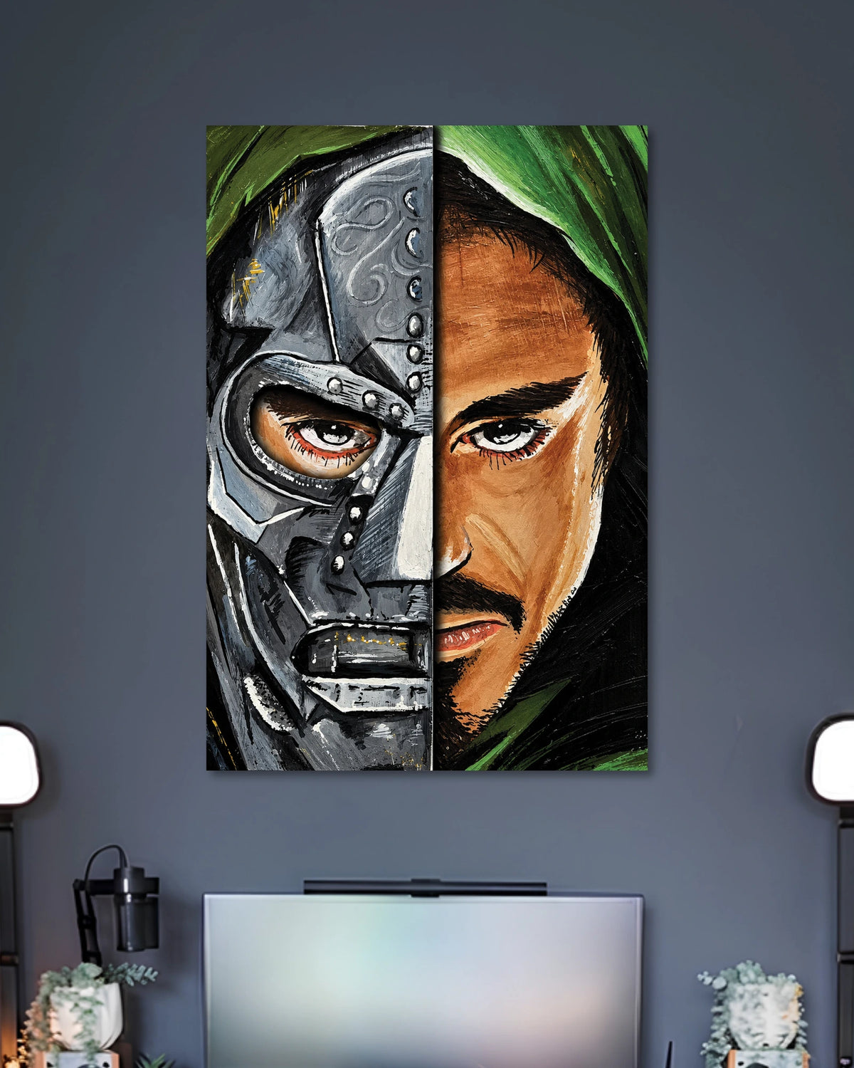 Doctor Doom Split Face Poster poster design: This striking poster divides a face between Doctor Doom’s metallic mask and his human side. Green hood details and expressive brushstrokes create a dramatic comic inspired look. A standout choice for Marvel fans, gaming rooms and character themed spaces.