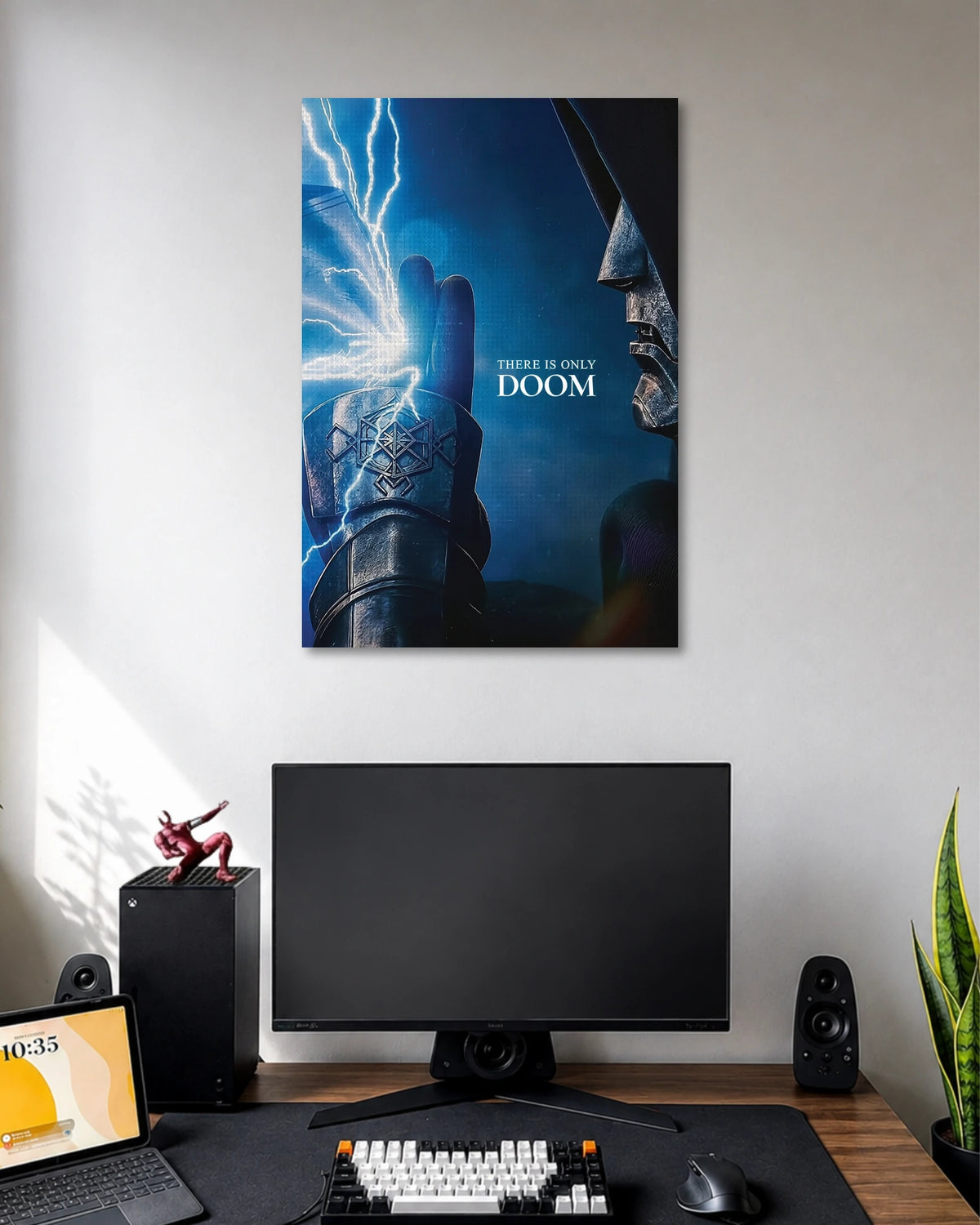 Doctor Doom There Is Only Doom Marvel Poster poster design: Doctor Doom's metallic armour emerges from the shadows as blue lightning illuminates the scene. The phrase “There Is Only Doom” adds intensity to this dramatic design for Marvel fans.