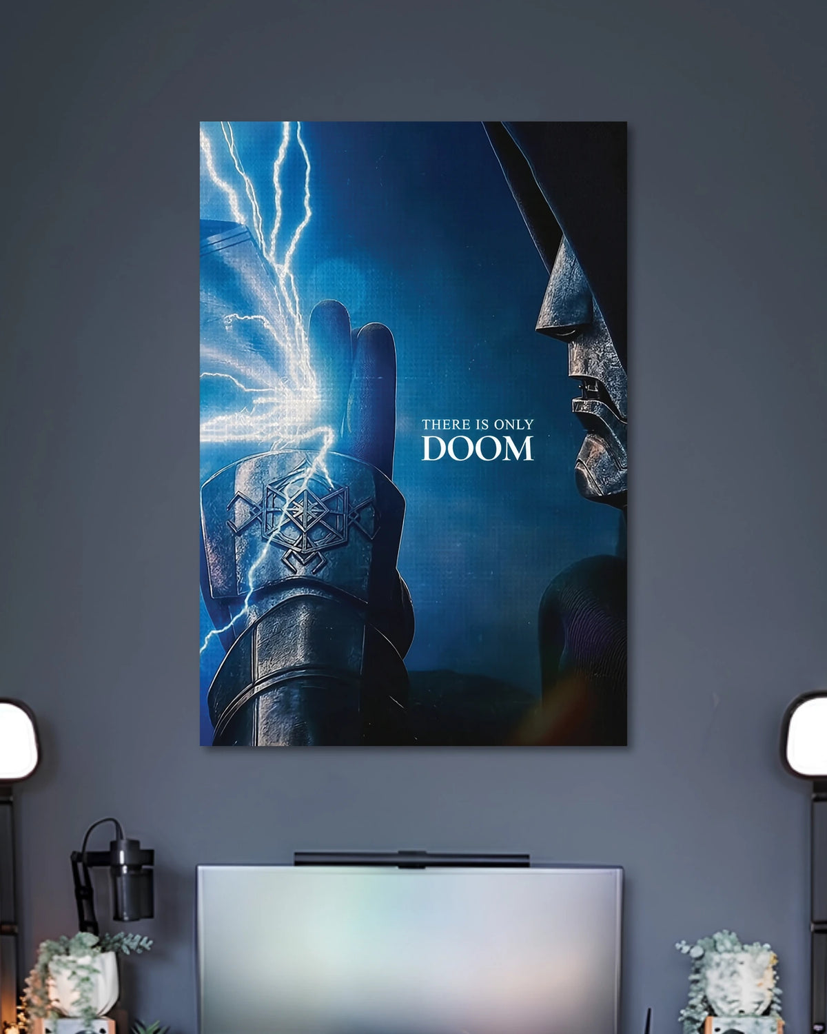 Doctor Doom There Is Only Doom Marvel Poster poster design: Doctor Doom's metallic armour emerges from the shadows as blue lightning illuminates the scene. The phrase “There Is Only Doom” adds intensity to this dramatic design for Marvel fans.