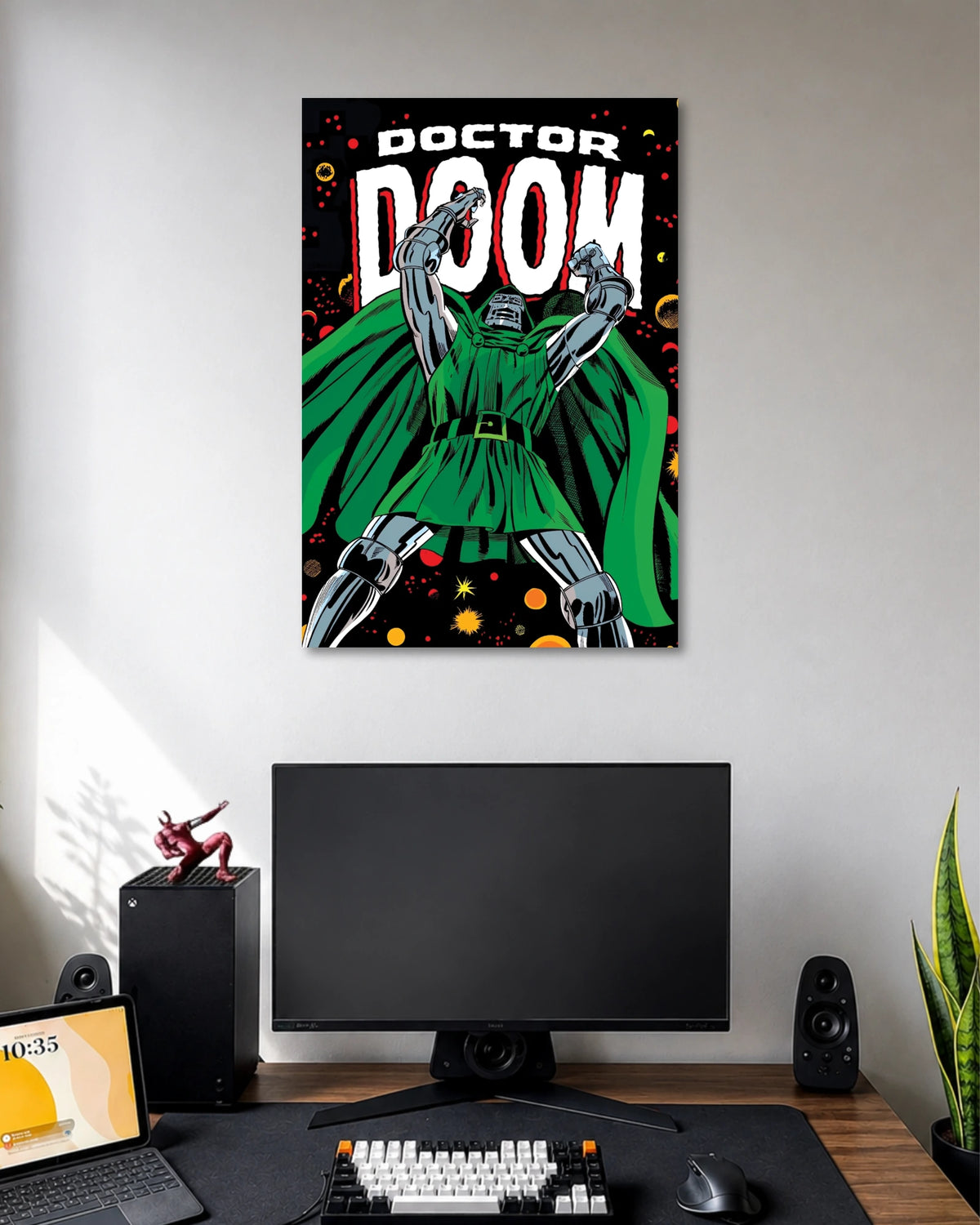 Comic poster of Doctor Doom in silver armor and a flowing green cloak beneath large white DOCTOR DOOM lettering.