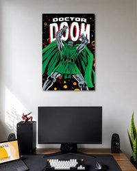 Comic poster of Doctor Doom in silver armor and a flowing green cloak beneath large white DOCTOR DOOM lettering.