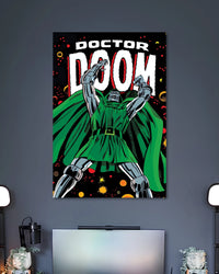Comic poster of Doctor Doom in silver armor and a flowing green cloak beneath large white DOCTOR DOOM lettering.