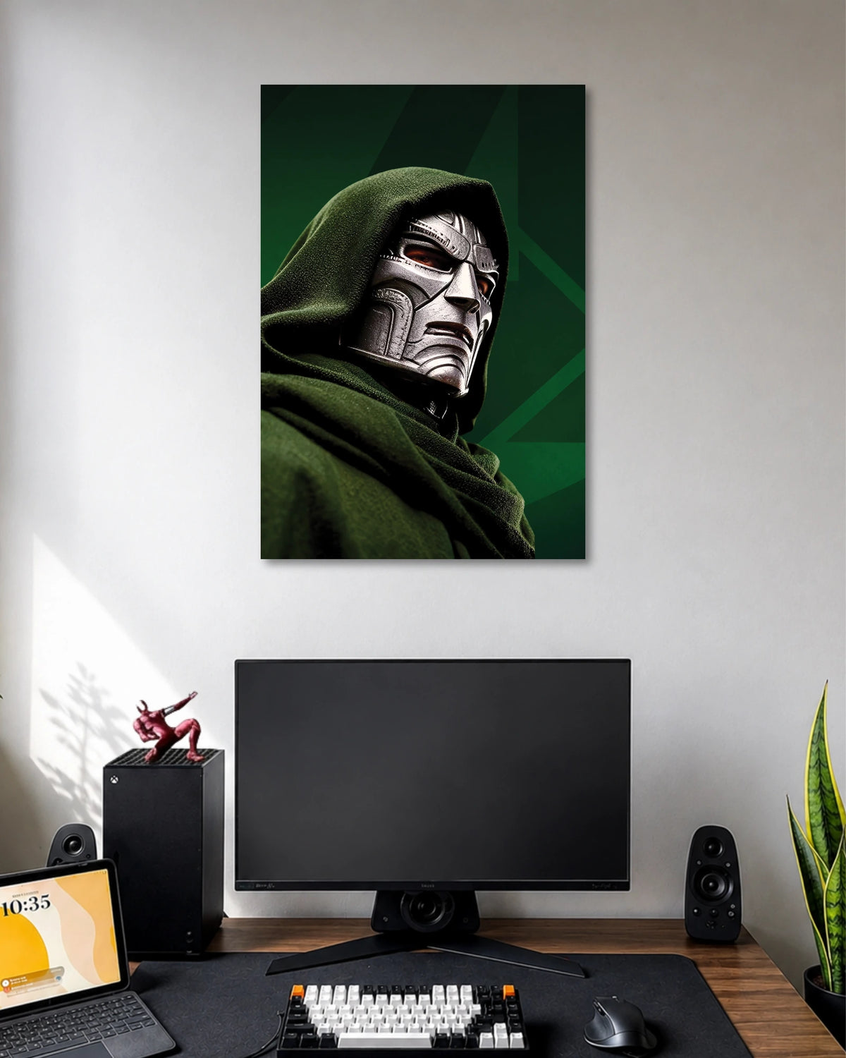 Doctor Doom Silver Mask Green Hood Marvel Poster poster design: Doctor Doom’s silver metal mask stands out beneath a deep green hood, set against a dark green geometric background. The close-up composition highlights the character’s striking armour and menacing presence, making it a bold choice for Marvel fans.