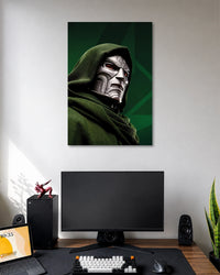 Doctor Doom Silver Mask Green Hood Marvel Poster poster design: Doctor Doom’s silver metal mask stands out beneath a deep green hood, set against a dark green geometric background. The close-up composition highlights the character’s striking armour and menacing presence, making it a bold choice for Marvel fans.